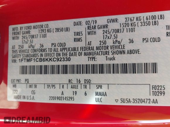 2019 Ford F-150 XL with VIN 1FTMF1CB6KKC92330, listed as a IAAI auction lot 41689485 with 108,653 mi miles. Bid and sale history available at carsss.com. Image 9.