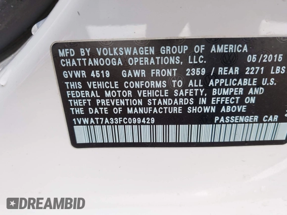 2015 Volkswagen Passat Limited Edition Edition z VIN 1VWAT7A33FC099429, wystawiony jako IAAI lot #41710894 z przebiegiem 97 991 mil mil oraz . Historia ofert i sprzedaży dostępna na DreamBid. Obrazek 9.