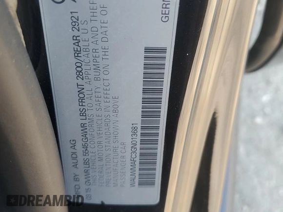 2016 Audi A7 Premium Plus with VIN WAUWMAFC3GN013681, listed as a Copart auction lot 64475455 with 87,646 mi miles and Salvage title. Bid and sale history available at DreamBid. Image 13.