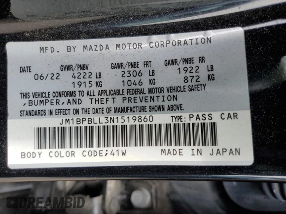 2022 Mazda Mazda3 Hatchback Preferred with VIN JM1BPBLL3N1519860, listed as a Copart auction lot 68737434 with 14,046 mi miles and Salvage Title. Bid and sale history available at carsss.com. Image 12.