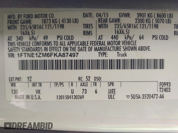 2015 Ford Transit Cargo with VIN 1FTNE1ZM6FKA87497, listed as a IAAI auction lot 41715523 with 180,079 mi miles. Bid and sale history available at carsss.com. Image 9.