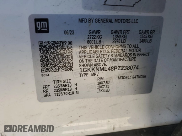 2023 GMC Acadia SLT with VIN 1GKKNML48PZ238074, listed as a Copart auction lot 55820355 with 48,550 mi miles and Clean title. Bid and sale history available at DreamBid. Image 14.