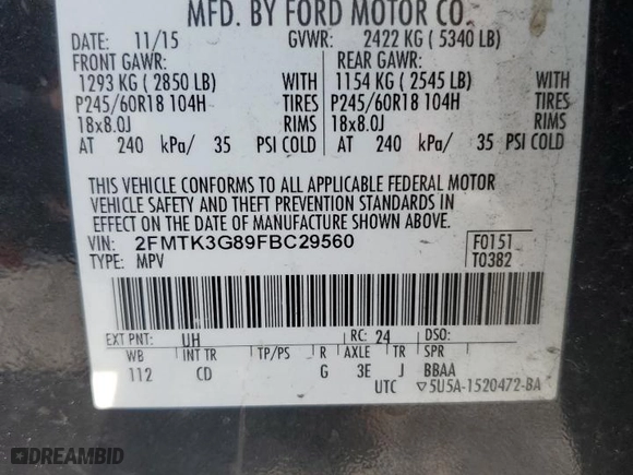 2015 Ford Edge SE with VIN 2FMTK3G89FBC29560, listed as a Copart auction lot 43650755 with 0 mi miles and Clean Title. Bid and sale history available at carsss.com. Image 13.