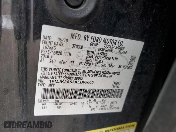 2010 Ford Expedition Max Limited with VIN 1FMJK2A53AEB65660, listed as a Copart auction lot 54749445 with 193,270 mi miles and Clean title. Bid and sale history available at DreamBid. Image 13.