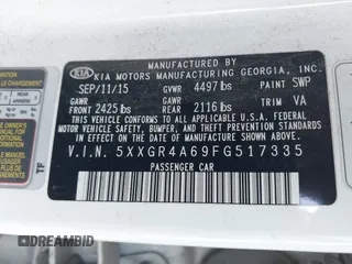 2015 Kia Optima SX Turbo with VIN 5XXGR4A69FG517335, listed as a IAAI auction lot 42014655 with 91,831 mi miles. Bid and sale history available at carsss.com. Image 9.