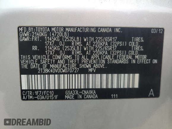 2012 Toyota RAV4 with VIN 2T3BK4DV0CW070727, listed as a Copart auction lot 41809885 with 47,435 mi miles and Salvage Title. Bid and sale history available at carsss.com. Image 13.