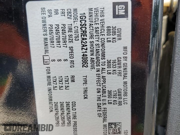 2010 Chevrolet Silverado 1500 LS with VIN 1GCSCREA2AZ140862, listed as a Copart auction lot 57103015 with Not Provided miles and Salvage Title. Bid and sale history available at DreamBid. Image 12.
