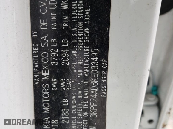 2019 Kia Forte LXS with VIN 3KPF24AD8KE033495, listed as a Copart auction lot 53918625 with Not provided miles and Non repairable. Bid and sale history available at DreamBid. Image 13.