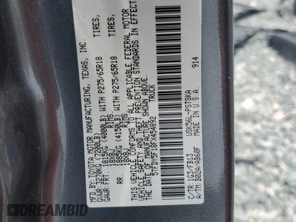 2015 Toyota Tundra SR5 z VIN 5TFDY5F18FX454892, wystawiony jako Copart lot #55464525 z przebiegiem 117 749 mil mil oraz Szkoda całkowita • Salvage title. Historia ofert i sprzedaży dostępna na DreamBid. Obrazek 13.