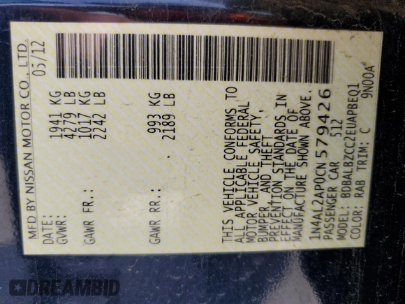 2012 Nissan Altima 2.5 S with VIN 1N4AL2AP0CN579426, listed as a Copart auction lot 53428915 with 138,940 mi miles and Salvage Title. Bid and sale history available at carsss.com. Image 12.