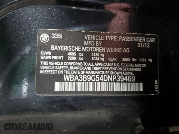2013 BMW 3 Series 335i xDrive z VIN WBA3B9G54DNP39469, wystawiony jako Copart lot #43903795 z przebiegiem 92 003 mil mil oraz Szkoda całkowita • Salvage title. Historia ofert i sprzedaży dostępna na DreamBid. Obrazek 12.