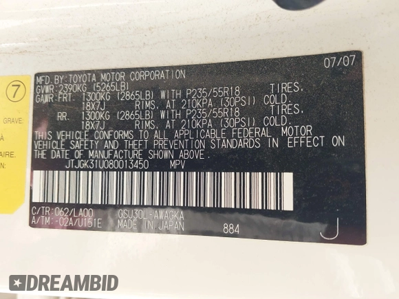2008 Lexus RX 350 with VIN JTJGK31U080013450, listed as a IAAI auction lot 42174997 with 143,359 mi miles and . Bid and sale history available at DreamBid. Image 9.