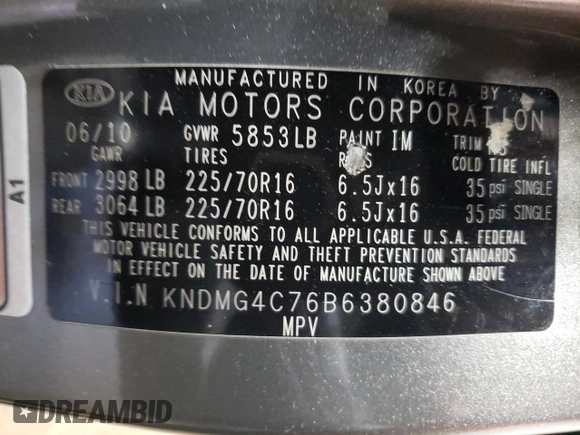 2011 Kia Sedona LX with VIN KNDMG4C76B6380846, listed as a Copart auction lot 50566955 with 106,148 mi miles and Salvage Title. Bid and sale history available at carsss.com. Image 14.