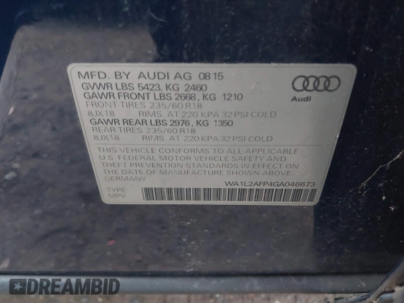2016 Audi Q5 Premium Plus with VIN WA1L2AFP4GA046673, listed as a IAAI auction lot 41012010 with 52,553 mi miles. Bid and sale history available at carsss.com. Image 9.
