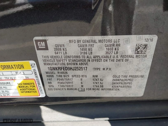 2017 Chevrolet Traverse LS with VIN 1GNKRFED9HJ252517, listed as a IAAI auction lot 41876709 with 62,241 mi miles. Bid and sale history available at carsss.com. Image 9.