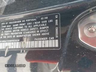 2009 Volkswagen Eos Komfort with VIN WVWBA71F99V023536, listed as a IAAI auction lot 42116083 with 124,246 mi miles and . Bid and sale history available at DreamBid. Image 9.