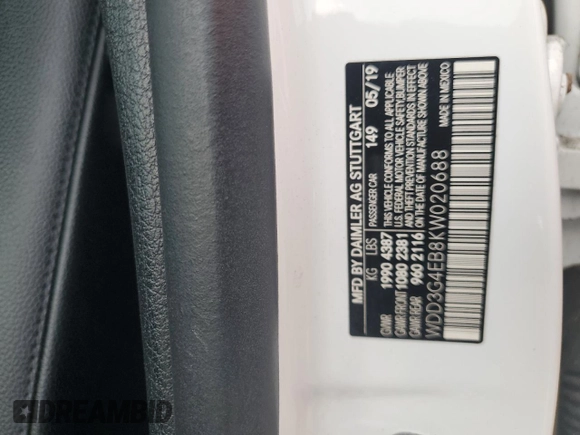 2019 Mercedes-Benz A 220 with VIN WDD3G4EB8KW020688, listed as a Copart auction lot 68486944 with 34,902 mi miles and Salvage Title. Bid and sale history available at DreamBid. Image 12.