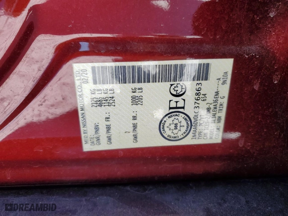 2020 Nissan Maxima SL with VIN 1N4AA6DV0LC376863, listed as a Copart auction lot 45686645 with 143,212 mi miles and Salvage Title. Bid and sale history available at carsss.com. Image 12.