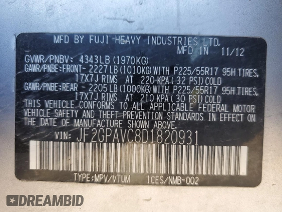 2013 Subaru Crosstrek Premium with VIN JF2GPAVC8D1820931, listed as a Copart auction lot 63558815 with 245,256 mi miles and Salvage title. Bid and sale history available at DreamBid. Image 13.