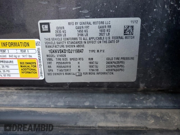 2013 GMC Acadia SLT z VIN 1GKKVSKD1DJ119847, wystawiony jako Copart lot #77685104 z przebiegiem 187 286 mil mil oraz Szkoda całkowita • Salvage title. Historia ofert i sprzedaży dostępna na DreamBid. Obrazek 14.