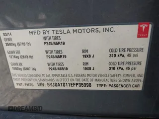 2014 Tesla Model S 60 with VIN 5YJSA1S11EFP35998, listed as a IAAI auction lot 42316563 with 83,835 mi miles and . Bid and sale history available at DreamBid. Image 9.