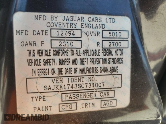 1995 Jaguar XJ with VIN SAJKX1743SC734007, listed as a Copart auction lot 46340825 with 130,115 mi miles and Salvage Title. Bid and sale history available at DreamBid. Image 12.