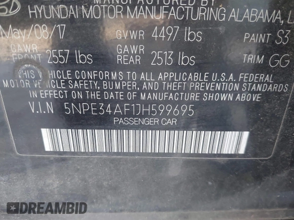 2018 Hyundai Sonata Sport with VIN 5NPE34AF1JH599695, listed as a IAAI auction lot 41231886 with 109,743 mi miles and . Bid and sale history available at carsss.com. Image 9.