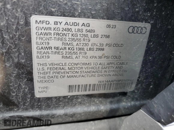 2023 Audi Q5 Sportback S line Premium с VIN WA14AAFY8P2149962, выставлен на аукционе Copart как лот 54021195 с пробегом 36 875 миль миль и Списание • Salvage title. История ставок и продаж доступна на DreamBid. Изображение 13.