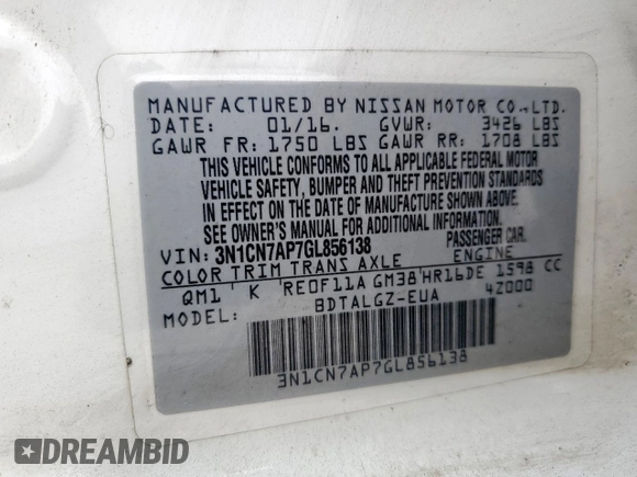 2016 Nissan Versa SV with VIN 3N1CN7AP7GL856138, listed as a Copart auction lot 53821825 with 153,556 mi miles and Clean Title. Bid and sale history available at carsss.com. Image 12.