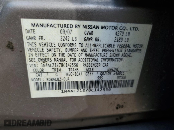 2008 Nissan Altima 2.5 S with VIN 1N4AL21E78C142556, listed as a Copart auction lot 47605995 with 156,913 mi miles and Salvage Title. Bid and sale history available at carsss.com. Image 12.