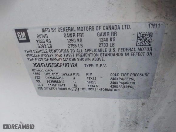 2012 GMC Terrain SLT-1 with VIN 2GKFLUE50C6187124, listed as a IAAI auction lot 41754397 with 178,038 mi miles. Bid and sale history available at carsss.com. Image 9.