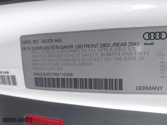 2019 Audi A7 Premium Plus with VIN WAUU2AF27KN116258, listed as a IAAI auction lot 41884777 with 56,871 mi miles. Bid and sale history available at carsss.com. Image 9.