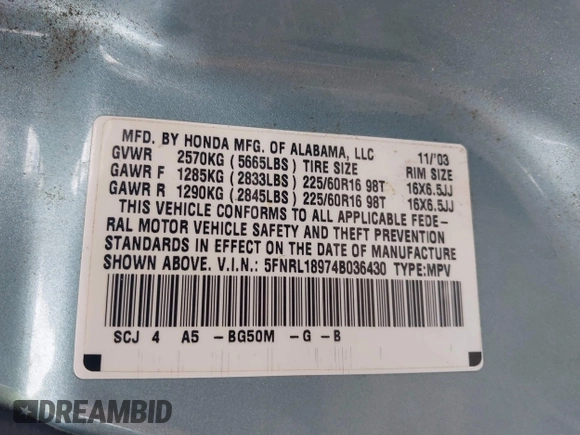 2004 Honda Odyssey EX-L with VIN 5FNRL18974B036430, listed as a IAAI auction lot 42715287 with 230,646 mi miles and . Bid and sale history available at DreamBid. Image 9.