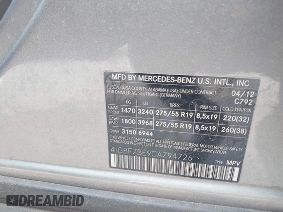 2012 Mercedes-Benz GL-Class GL 450 with VIN 4JGBF7BE9CA794726, listed as a IAAI auction lot 41918937 with 154,393 mi miles. Bid and sale history available at carsss.com. Image 9.