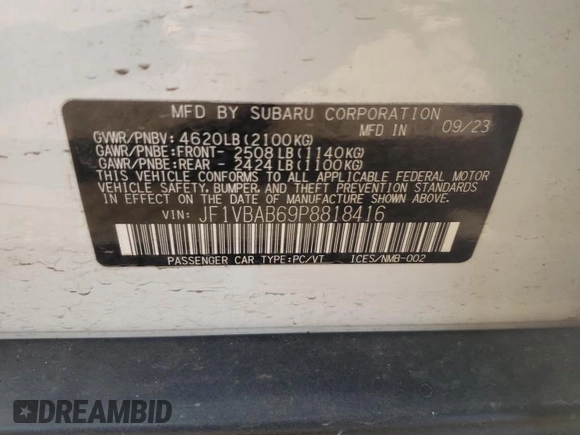 2023 Subaru WRX with VIN JF1VBAB69P8818416, listed as a Copart auction lot 68448934 with Not provided miles and Salvage title. Bid and sale history available at DreamBid. Image 14.