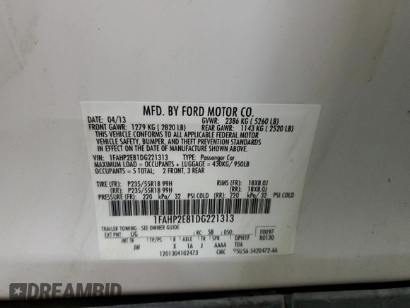 2013 Ford Taurus SEL with VIN 1FAHP2E81DG221313, listed as a Copart auction lot 52485855 with 112,247 mi miles and Salvage Title. Bid and sale history available at carsss.com. Image 14.