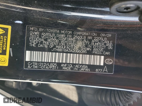 2010 Lexus HS 250h with VIN JTHBB1BA3A2006085, listed as a Copart auction lot 46344655 with 212,732 mi miles and Clean Title. Bid and sale history available at DreamBid. Image 12.