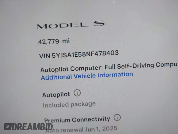 2022 Tesla Model S with VIN 5YJSA1E58NF478403, listed as a IAAI auction lot 41533099 with 42,779 mi miles and . Bid and sale history available at DreamBid. Image 15.