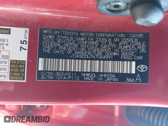 2006 Toyota Prius with VIN JTDKB20U767064991, listed as a IAAI auction lot 41806227 with 197,166 mi miles. Bid and sale history available at carsss.com. Image 9.