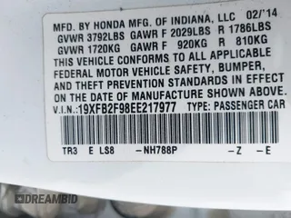 2014 Honda Civic EX-L with VIN 19XFB2F98EE217977, listed as a IAAI auction lot 41868254 with 220,906 mi miles and . Bid and sale history available at DreamBid. Image 8.