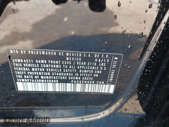 2013 Volkswagen Jetta SE z VIN 3VWDP7AJ3DM438668, wystawiony jako IAAI lot #42235014 z przebiegiem 128 406 mil mil oraz . Historia ofert i sprzedaży dostępna na DreamBid. Obrazek 9.