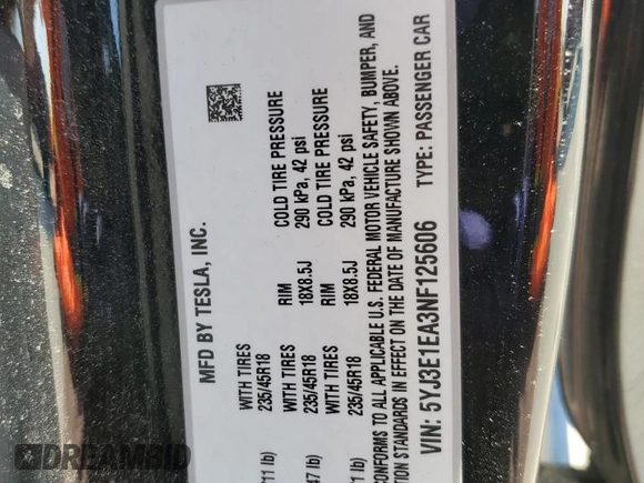 2022 Tesla Model 3 with VIN 5YJ3E1EA3NF125606, listed as a Copart auction lot 49087955 with 41,543 mi miles and Salvage Title. Bid and sale history available at carsss.com. Image 12.