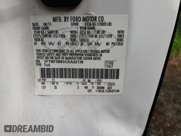 2012 Ford F-350 XL with VIN 1FTBF3B6XCA22136, listed as a Copart auction lot 59164385 with Not provided miles and Salvage title. Bid and sale history available at DreamBid. Image 12.