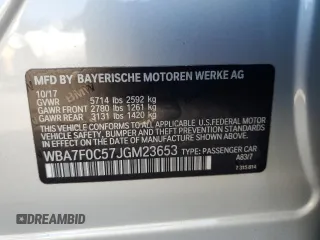 2018 BMW 7 Series 750i with VIN WBA7F0C57JGM23653, listed as a Copart auction lot 43462555 with 62,853 mi miles and Salvage Title. Bid and sale history available at carsss.com. Image 13.