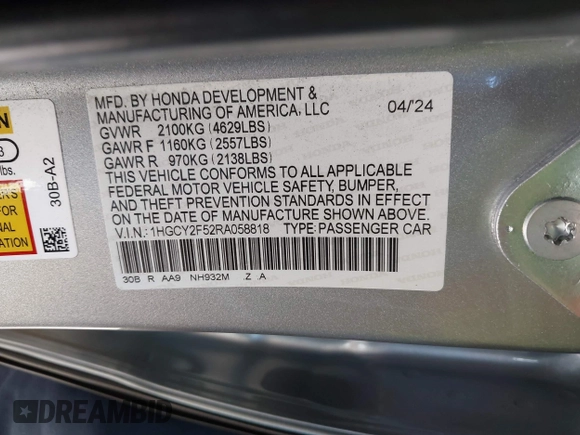 2024 Honda Accord Sport with VIN 1HGCY2F52RA058818, listed as a IAAI auction lot 42225266 with 20,737 mi miles and . Bid and sale history available at DreamBid. Image 9.