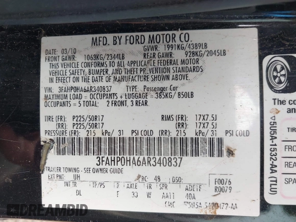 2010 Ford Fusion SE z VIN 3FAHP0HA6AR340837, wystawiony jako IAAI lot #42606746 z przebiegiem 189 204 mil mil oraz . Historia ofert i sprzedaży dostępna na DreamBid. Obrazek 9.