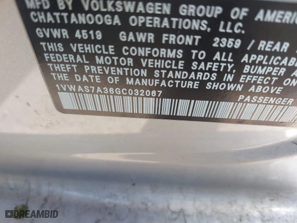 2016 Volkswagen Passat 1.8T S with VIN 1VWAS7A36GC032067, listed as a IAAI auction lot 41207782 with 123,651 mi miles. Bid and sale history available at carsss.com. Image 9.