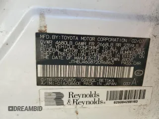2007 Lexus ES 330 with VIN JTHBJ46G872096863, listed as a Copart auction lot 55840315 with 216,866 mi miles and Clean Title. Bid and sale history available at DreamBid. Image 12.