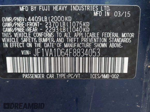 2015 Subaru WRX Premium с VIN JF1VA1D64F8834053, выставлен на аукционе IAAI как лот 41942563 с пробегом Не указан миль и . История ставок и продаж доступна на DreamBid. Изображение 9.