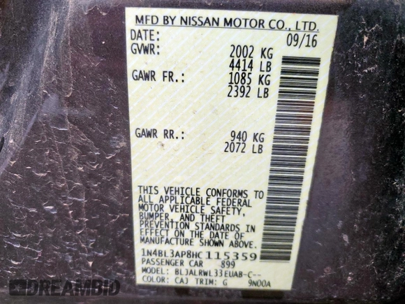 2017 Nissan Altima SR with VIN 1N4BL3AP8HC115359, listed as a Copart auction lot 55838005 with 74,513 mi miles and Clean title. Bid and sale history available at DreamBid. Image 12.